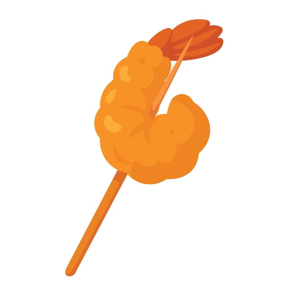 Asian street food with crispy fried shrimp on skewer, cartoon seafood illustration. vector