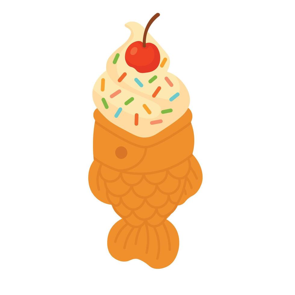 Cute Japanese fish-shaped cone with vanilla ice cream, sprinkles, and cherry, cartoon . vector