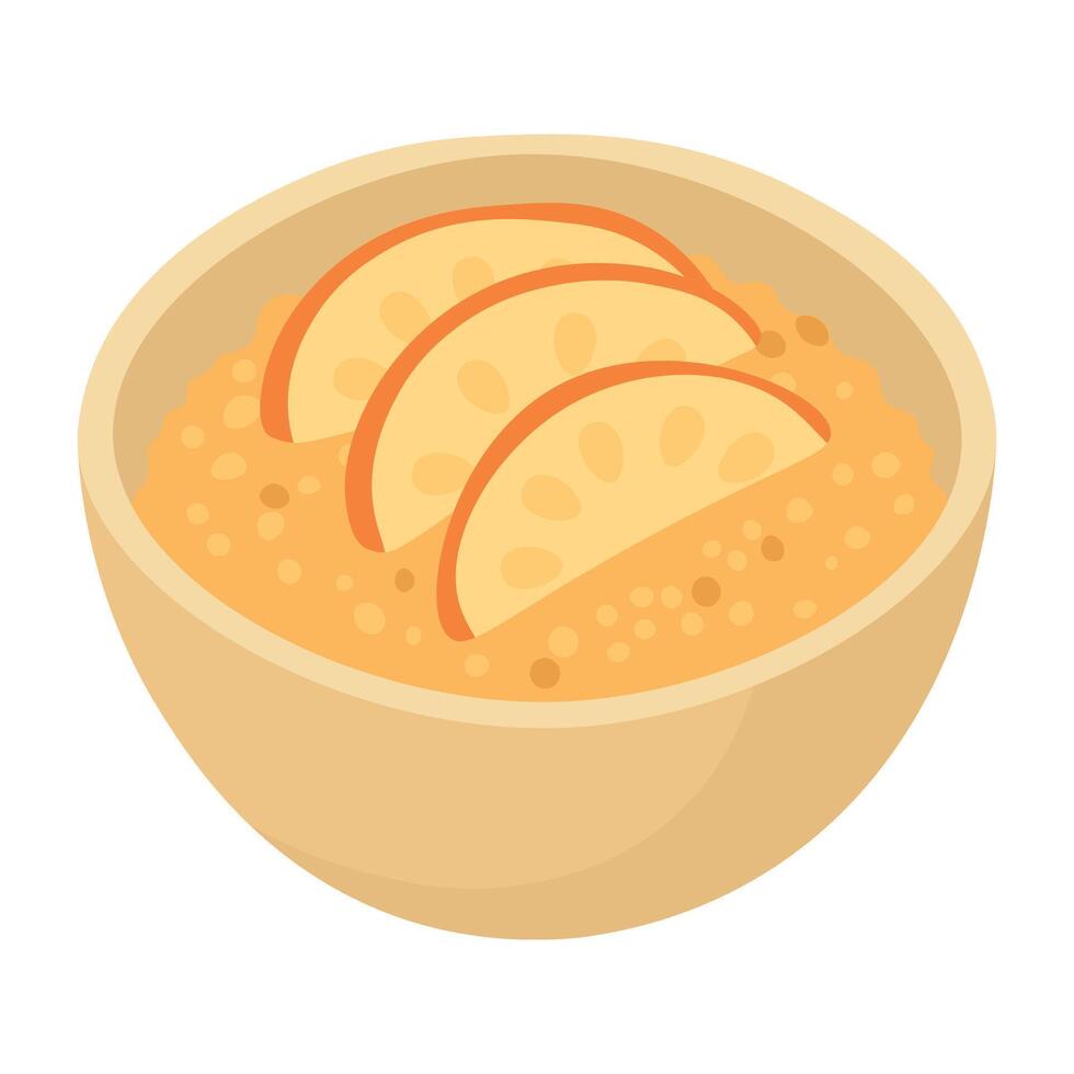 Bowl of porridge with fruit slices, flat cartoon style healthy and tasty food illustration. vector