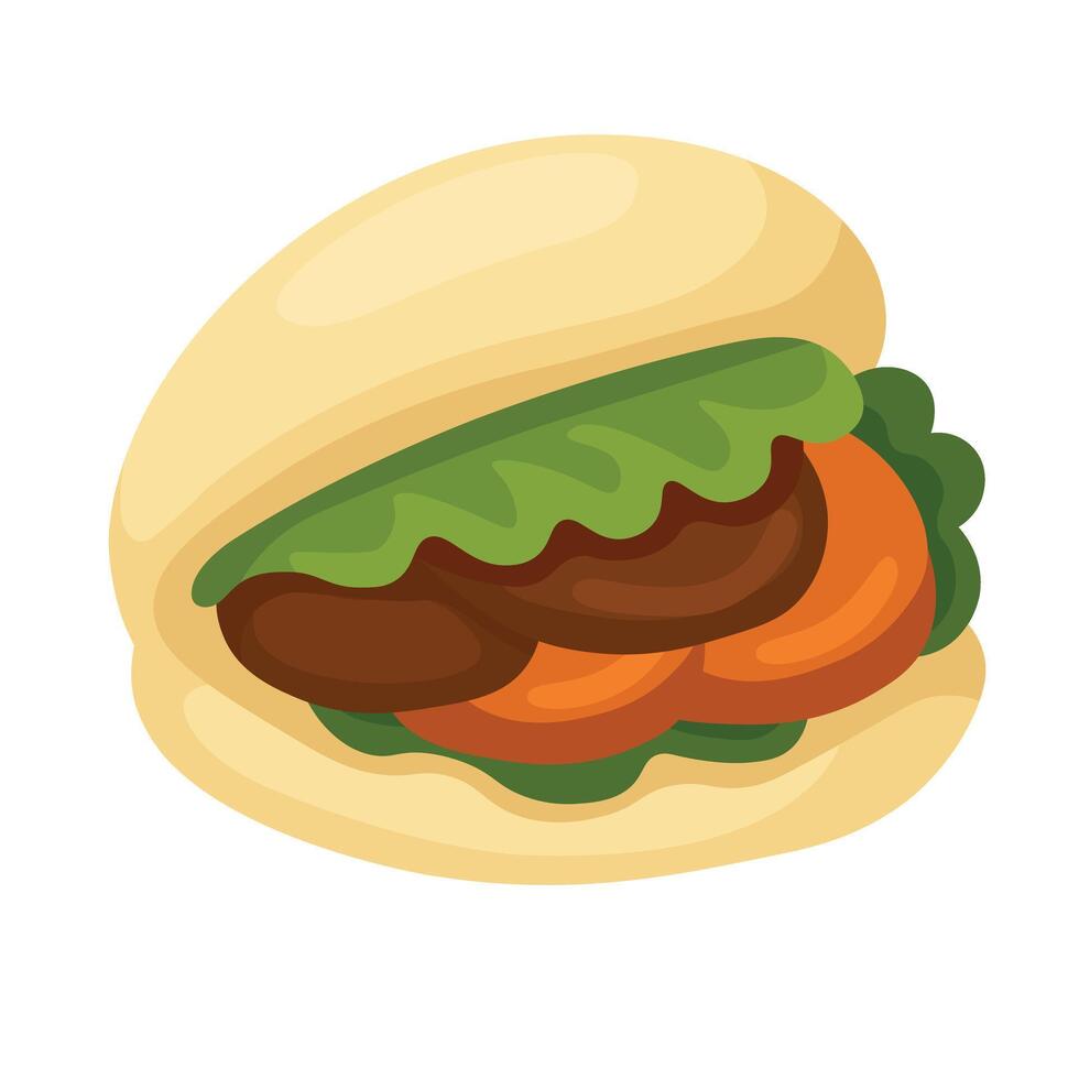 Asian street food with soft bao bun filled with meat, lettuce and vegetables, cartoon . vector