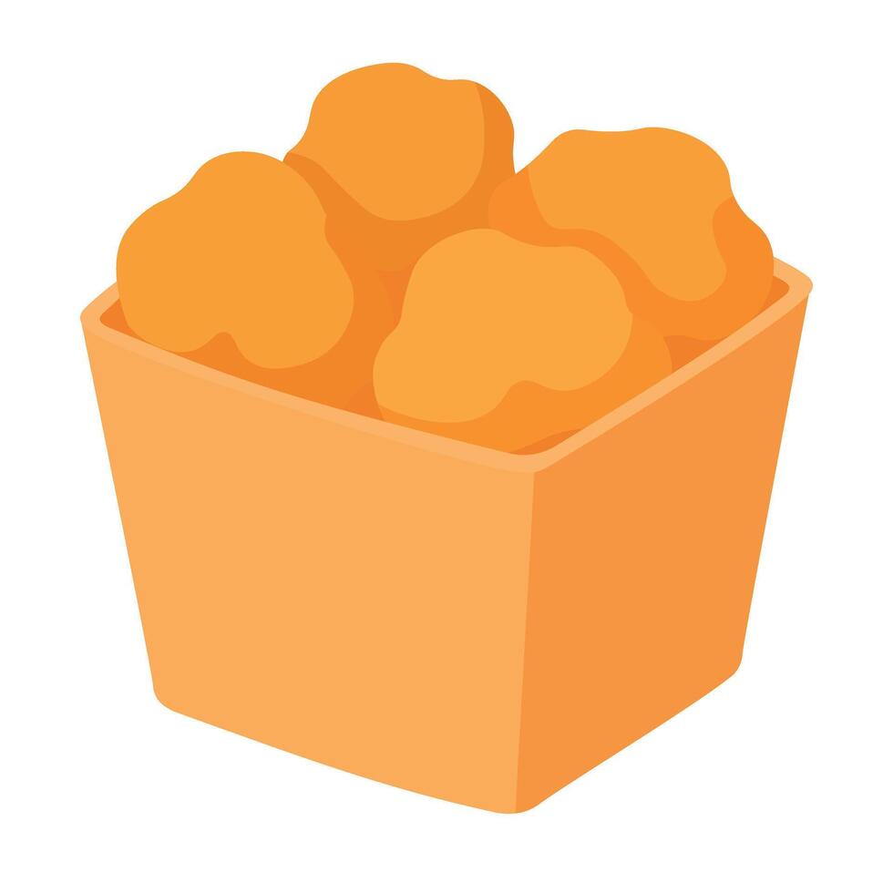 Crispy chicken nuggets in orange carton box. Tasty fast food snack in cartoon style. vector