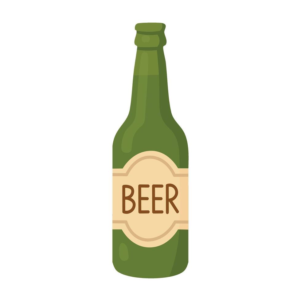 Cartoon style green beer bottle with label, flat design for Oktoberfest and pub decor. vector