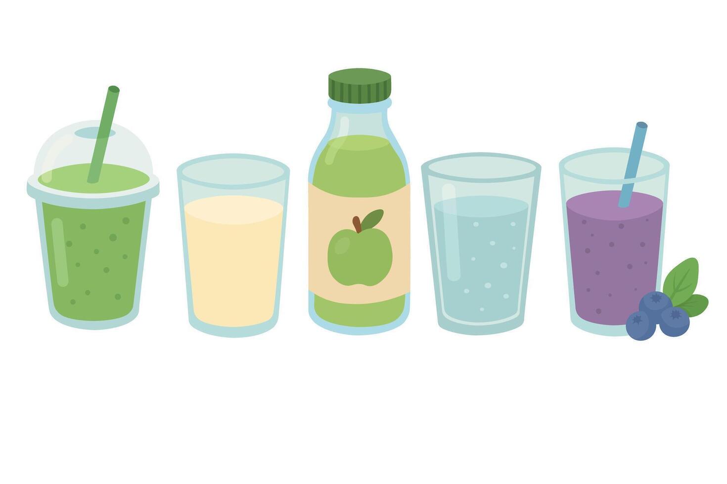 Flat cartoon illustration with various drinks including smoothie, juice, milk and water. vector
