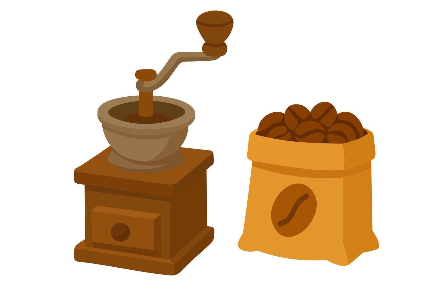 clipart with vintage coffee grinder and sack of beans in warm flat cartoon style. vector