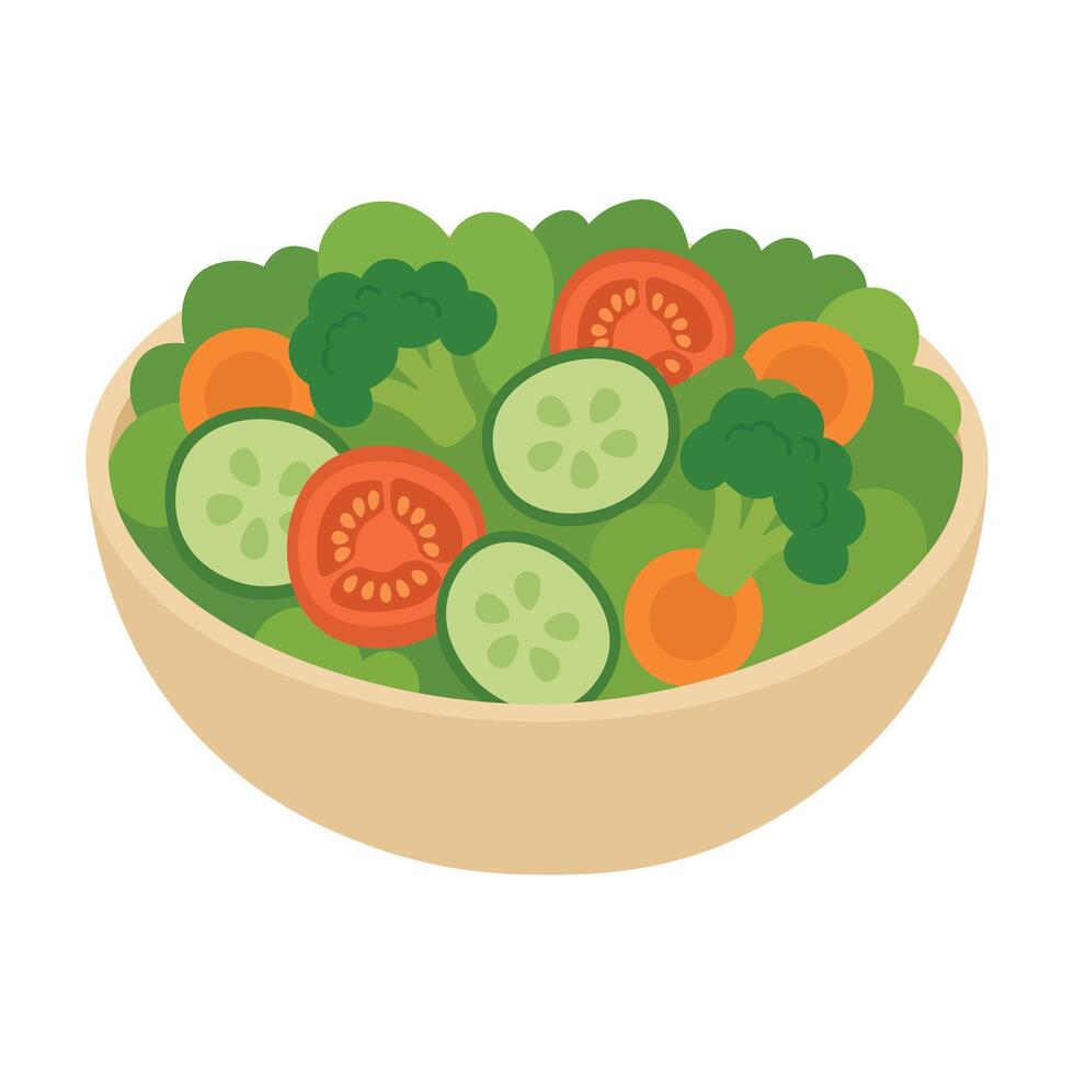 Bowl with salad of broccoli, cucumber, tomatoes and carrots on white background. vector