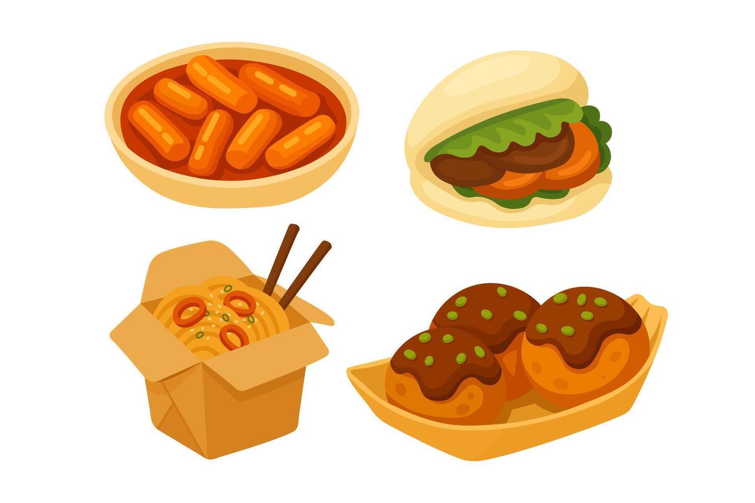 set of Asian hot street food including tteokbokki, bao bun, takoyaki and noodle box. vector