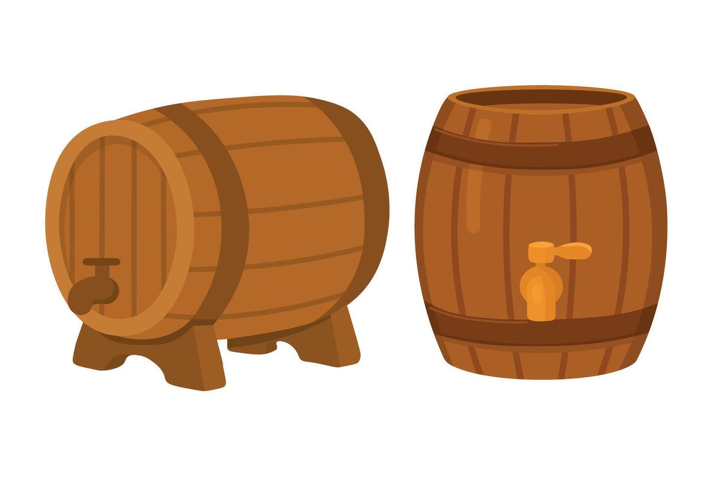 Two wooden beer barrels with taps in cartoon style, ideal for Oktoberfest or rustic party decor. vector