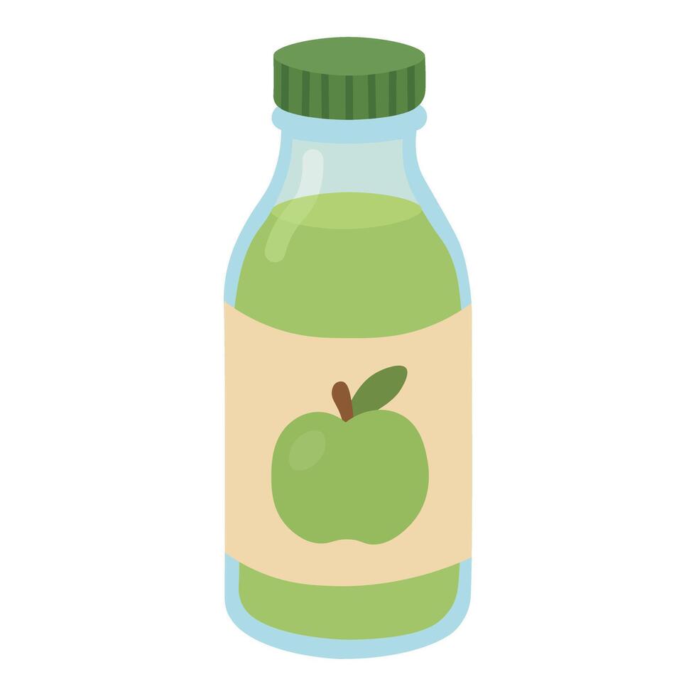 Bottle of green apple juice with label, flat cartoon style healthy drink illustration. vector