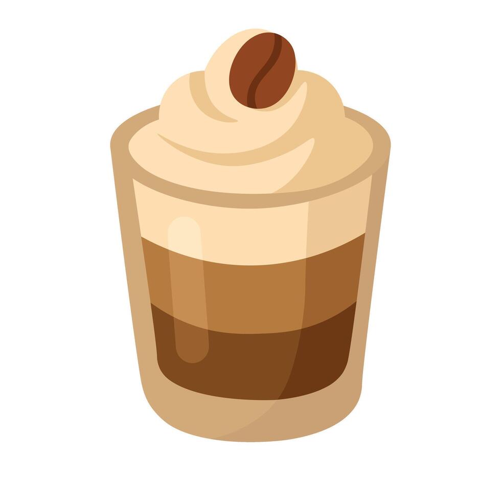 glass of layered coffee dessert with whipped cream and bean, cozy flat cafe clipart. vector