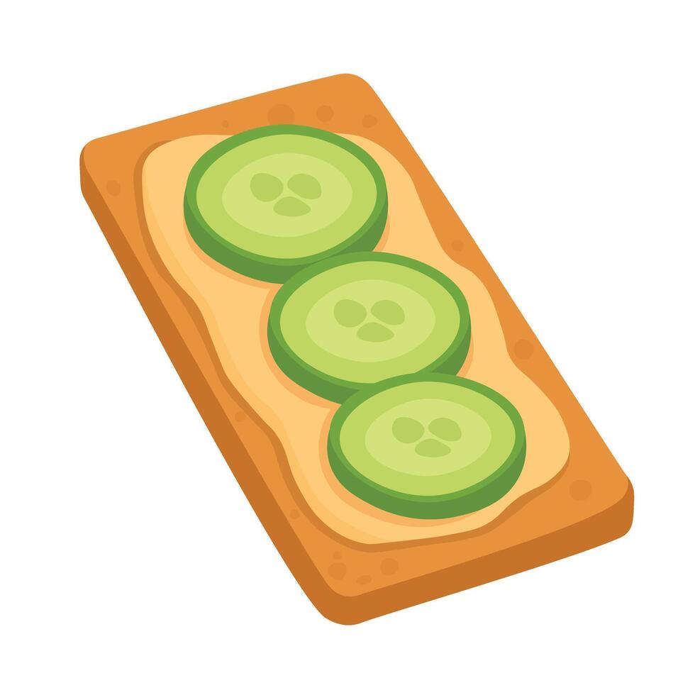 Healthy crispbread snack with hummus and cucumber slices, clean cartoon style illustration. vector
