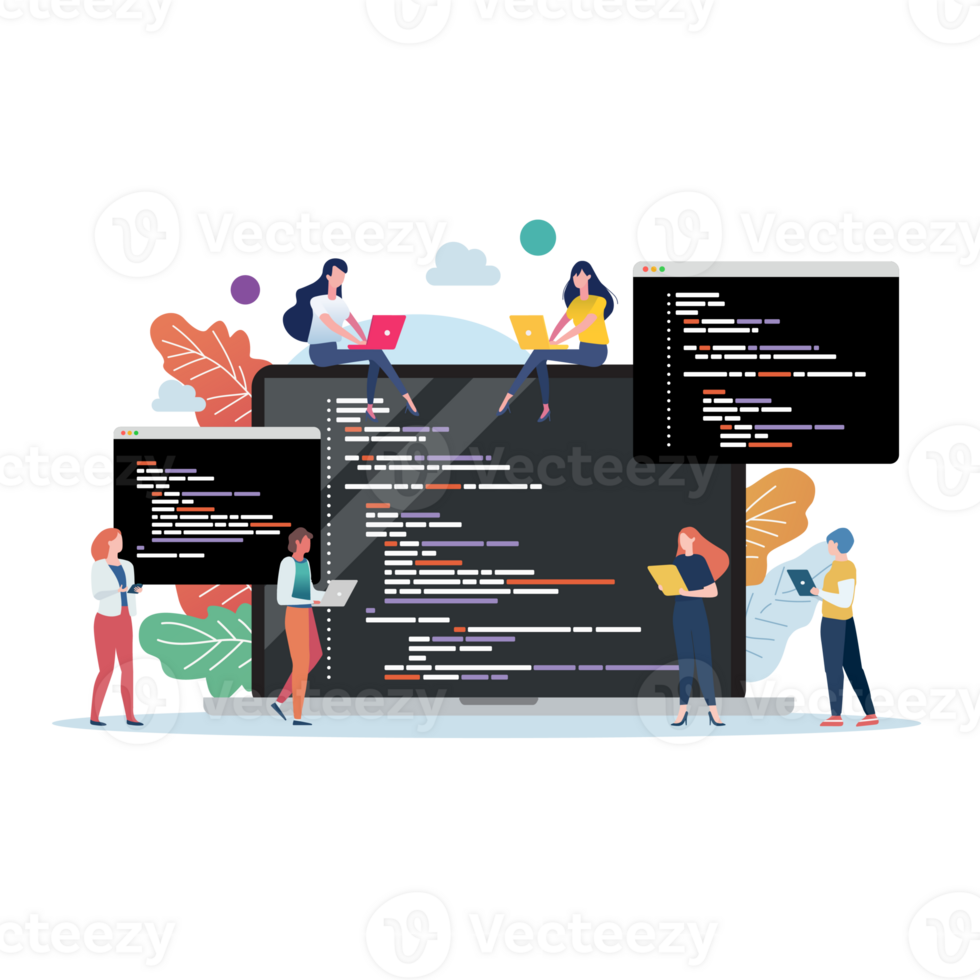 People with coding on laptop screen. png
