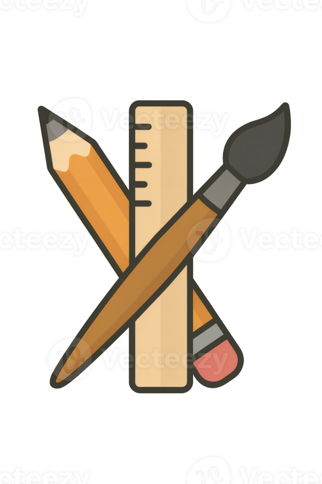 Artistic Tools. Pencil, ruler, and brush intersect, symbolizing creativity and precision. A symbol for designers and crafters. png
