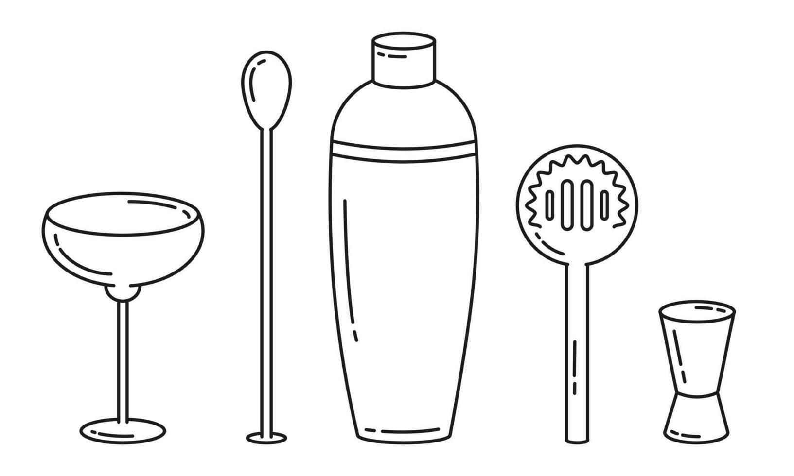 Bartender tools cocktail icons set.Simple bar equipment thin line style.Editable stroke.Cocktail Shaker, Glass, Jigger, Bar Spoon, Strainer.Ideal for Menu, Bar Posters. illustration EPS10. vector