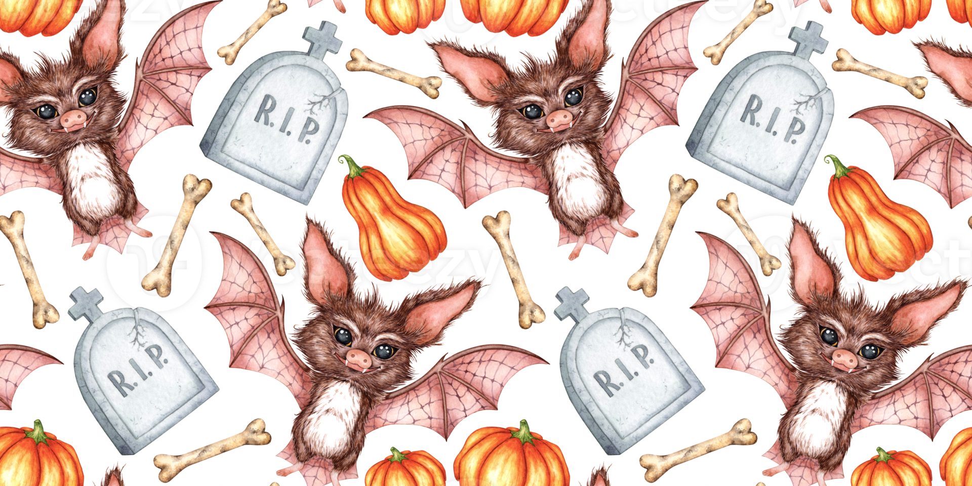 Bat with spread wings, tombstone, pumpkins and bone watercolor illustration. Pattern isolated from background. Spooky Halloween design for fabric, wrapping paper, invitations and dark party decor. png
