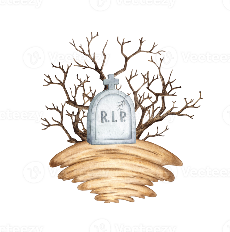 Gray stone tombstone on dry branches and ground background watercolor illustration, in Halloween style for creepy decor, cards, packaging design, children's and seasonal projects. Isolated png
