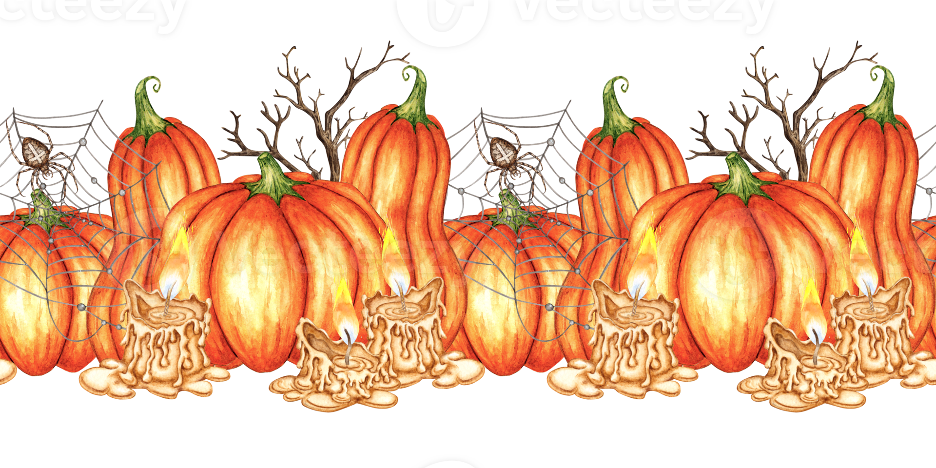 Pumpkins candles web pattern horizontal watercolor png