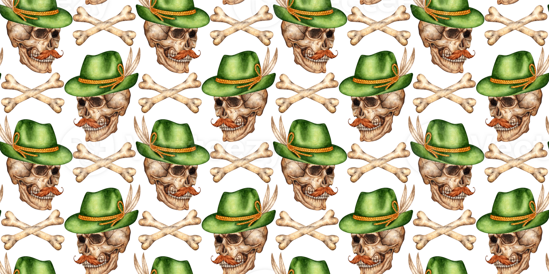 Skull with red mustache and hat watercolor illustration. Isolated creepy head for Halloween, Dia de los Muertos, spooky decor, gothic poster, dark fantasy, horror design, occult theme. Pattern png