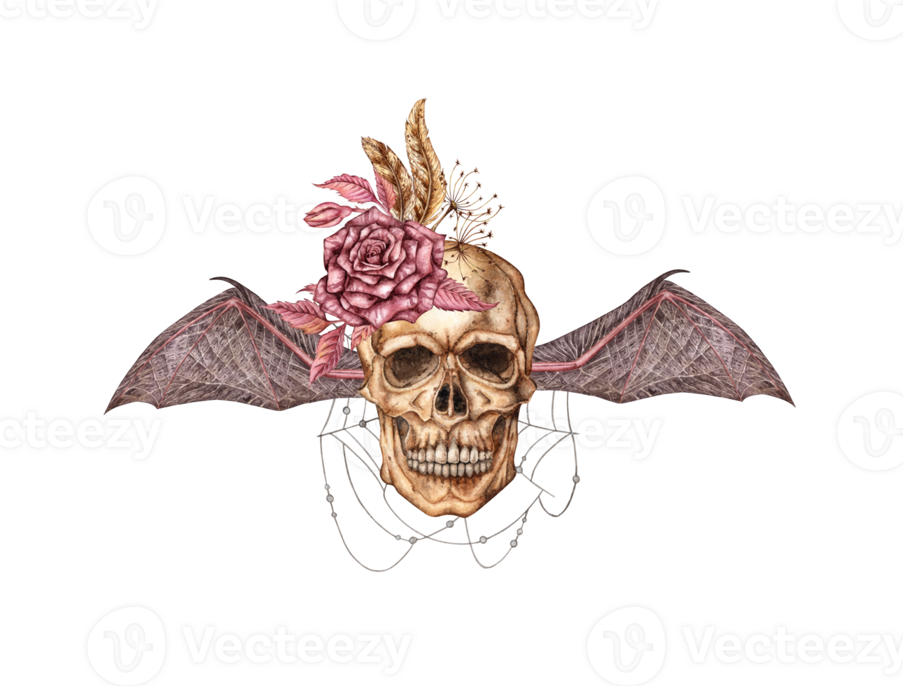 Skull bat wings and rose watercolor png