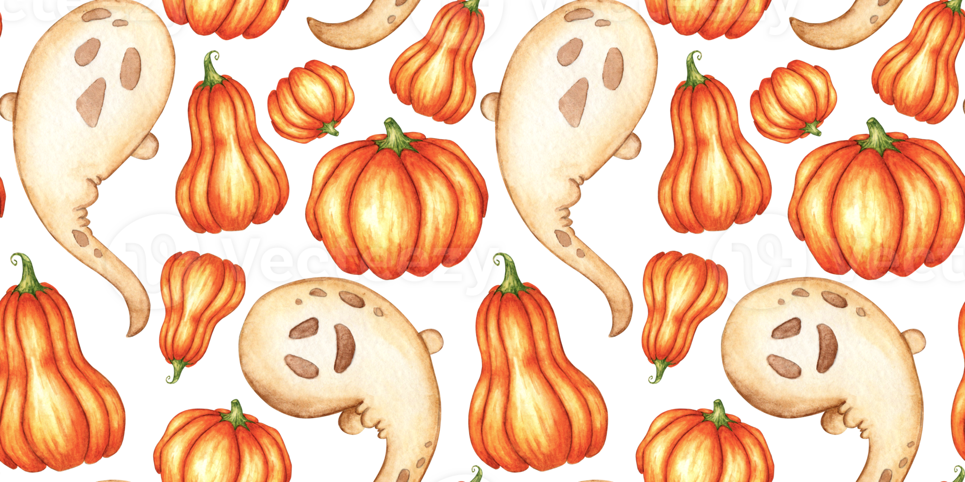 Ghost and orange pumpkins pattern watercolor png