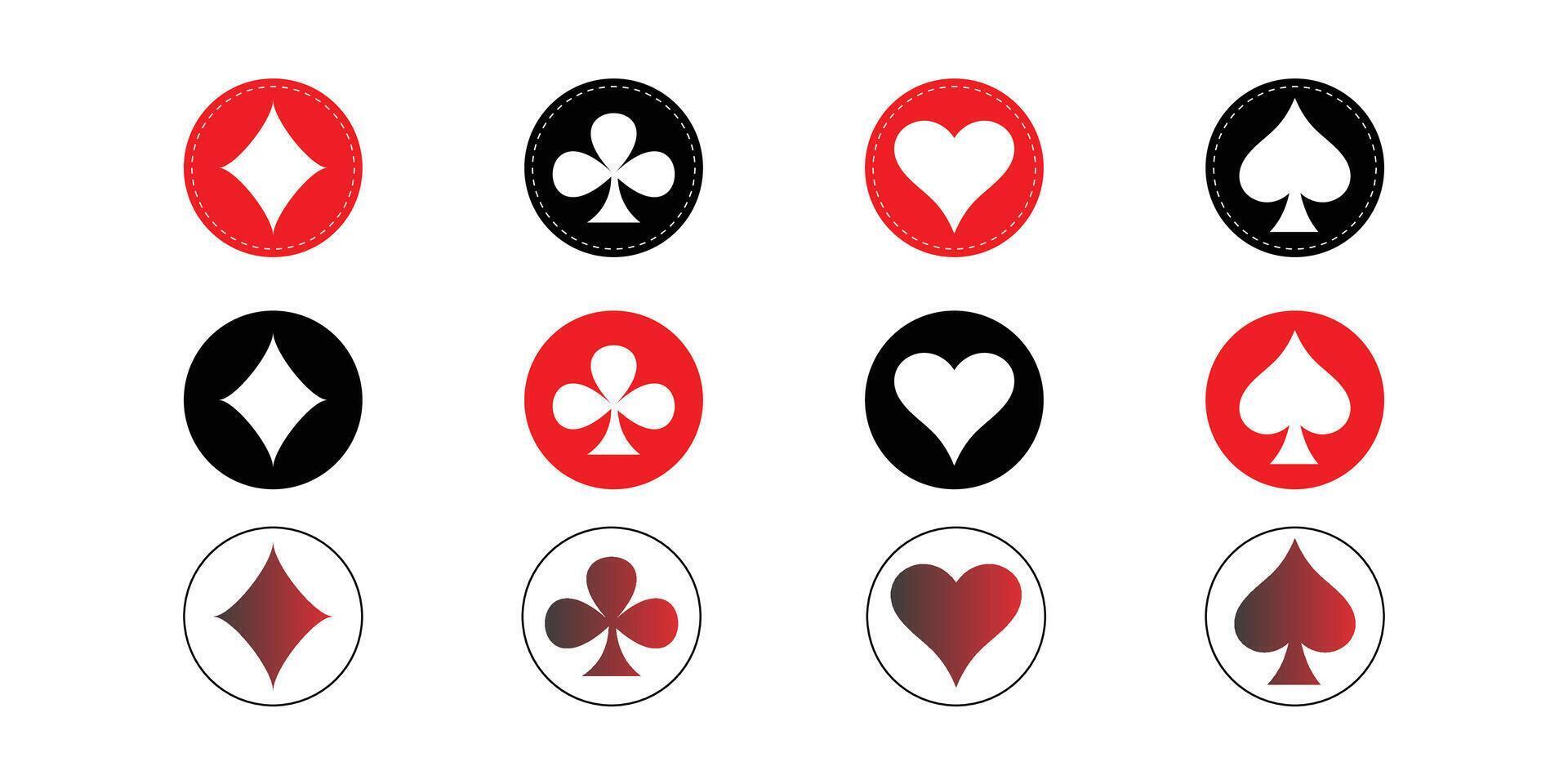 Set of Classic Playing Card Suits in Red, Black and Gradients. Icon hearts, diamonds, clubs and spades. vector