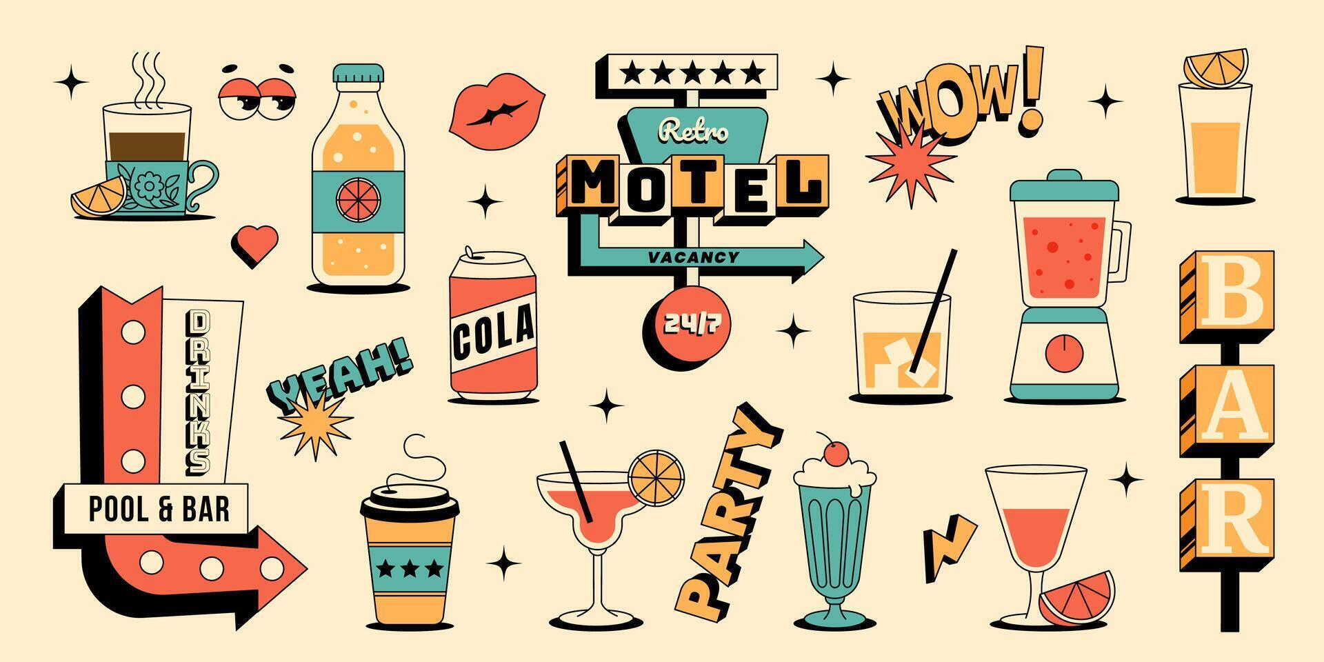 Retro bar and party themed elements, drinks, motel sign, neon signs and more. Fun design for nightlife, events or vintage illustrations. Flat set in 1950s style vector