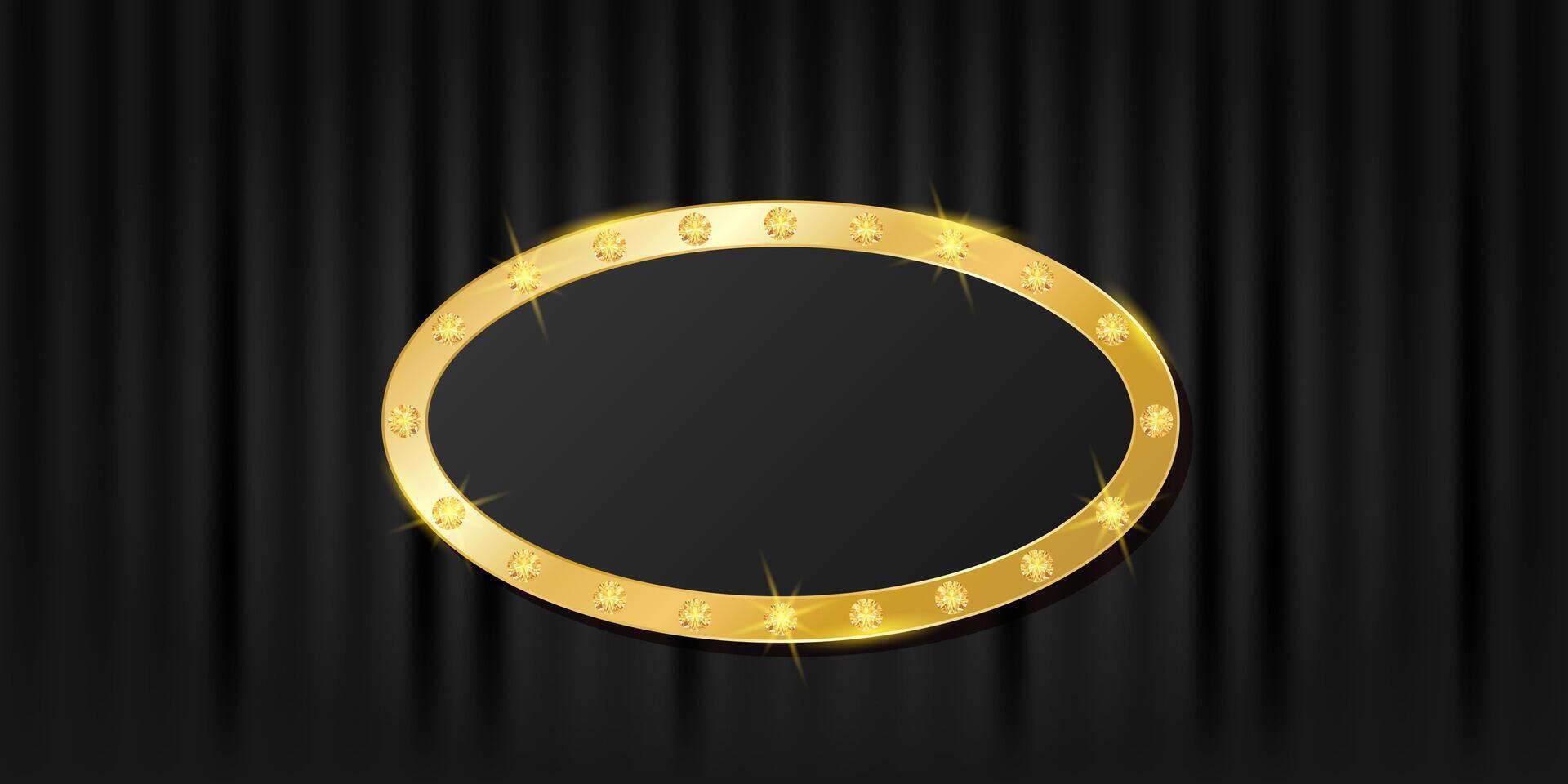 Vip banner with golden shiny border. Black curtains background with empty copy space. Premium illustration for club, casino, party, award, events, spa, lounge, concert vector