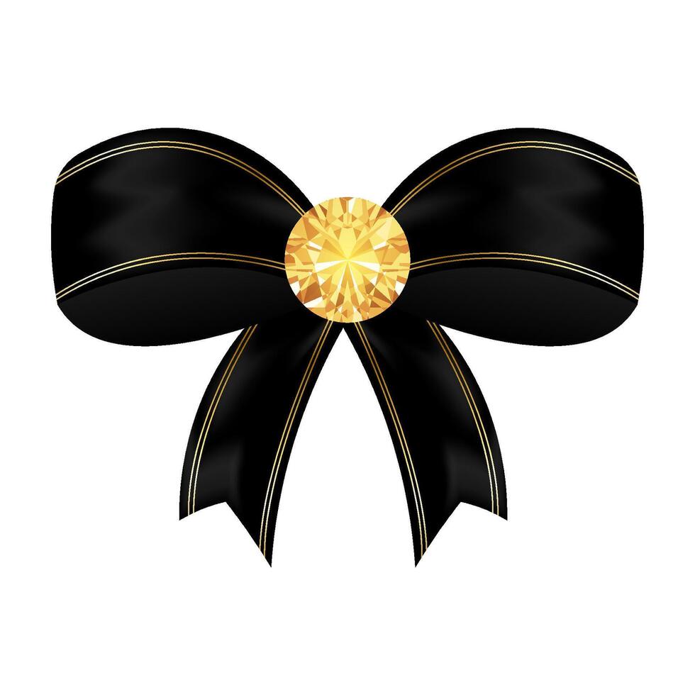 Black realistic bow with gemstone. Satin tied ribbon isolated on white background. element template for business card, banner, poster, notebook, invitation vector