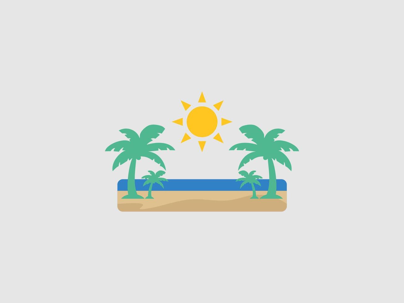 A colorful illustration depicting a sunny beach scene with a bright yellow sun shining above two green palm trees on either side of a strip of light blue water and a beige sandy beach vector