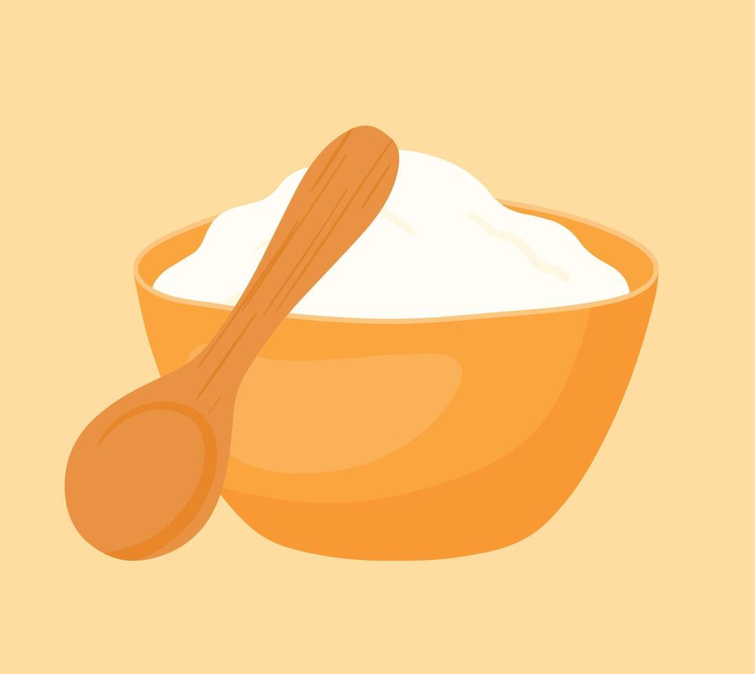 Bowl of flour with wooden spoon icon clipart for baking ingredient hand drawn illustration vector