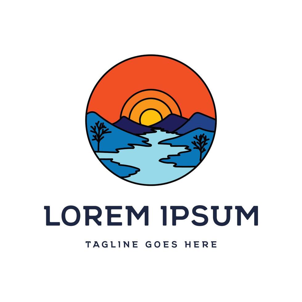 Circular Sunset Mountain with Lake River Creek for Explore Outdoor Adventure Camp Graphic Design vector
