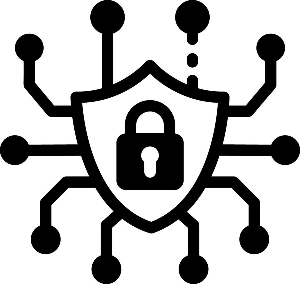 A filled style icon of cybersecurity with tech shield vector