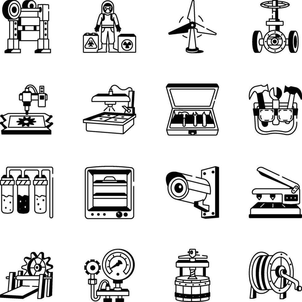 Set of 16 Industrial Tools Sketchy Style Icons vector