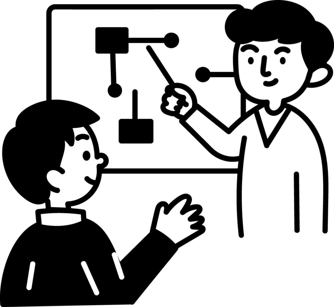 A teacher giving a lecture on board, hand drawn icon vector