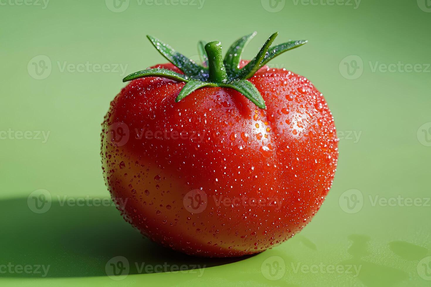 Tomato is sitting on a green surface with water droplets on it photo