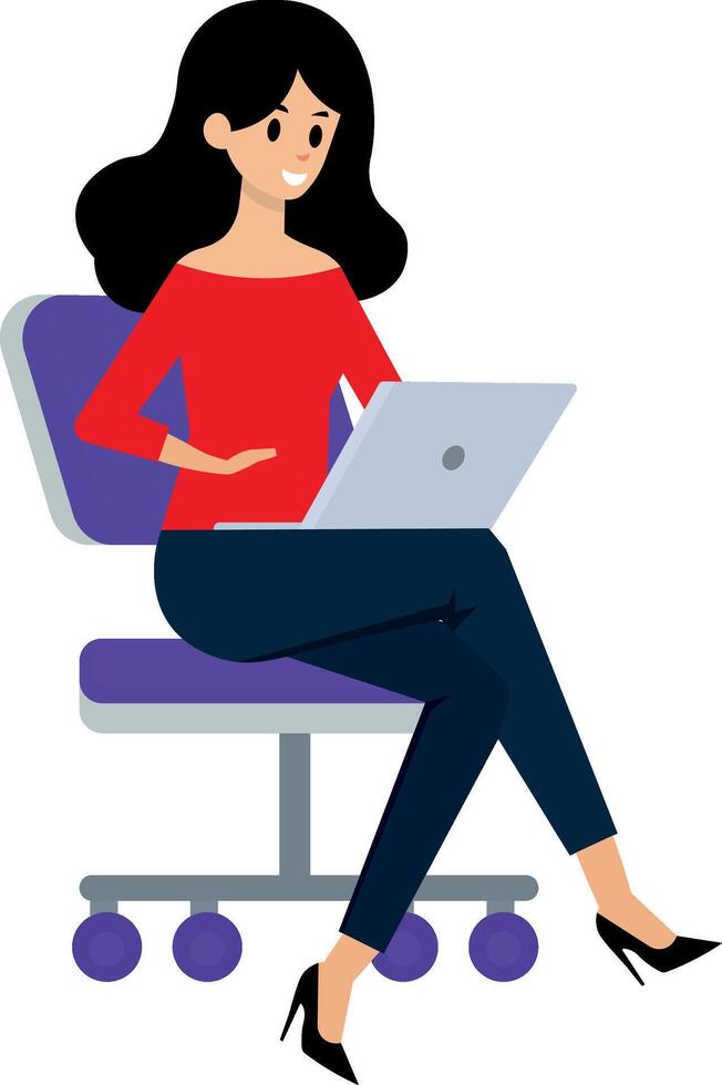 Woman sitting on a chair, using her laptop, in casual clothes, illustration vector