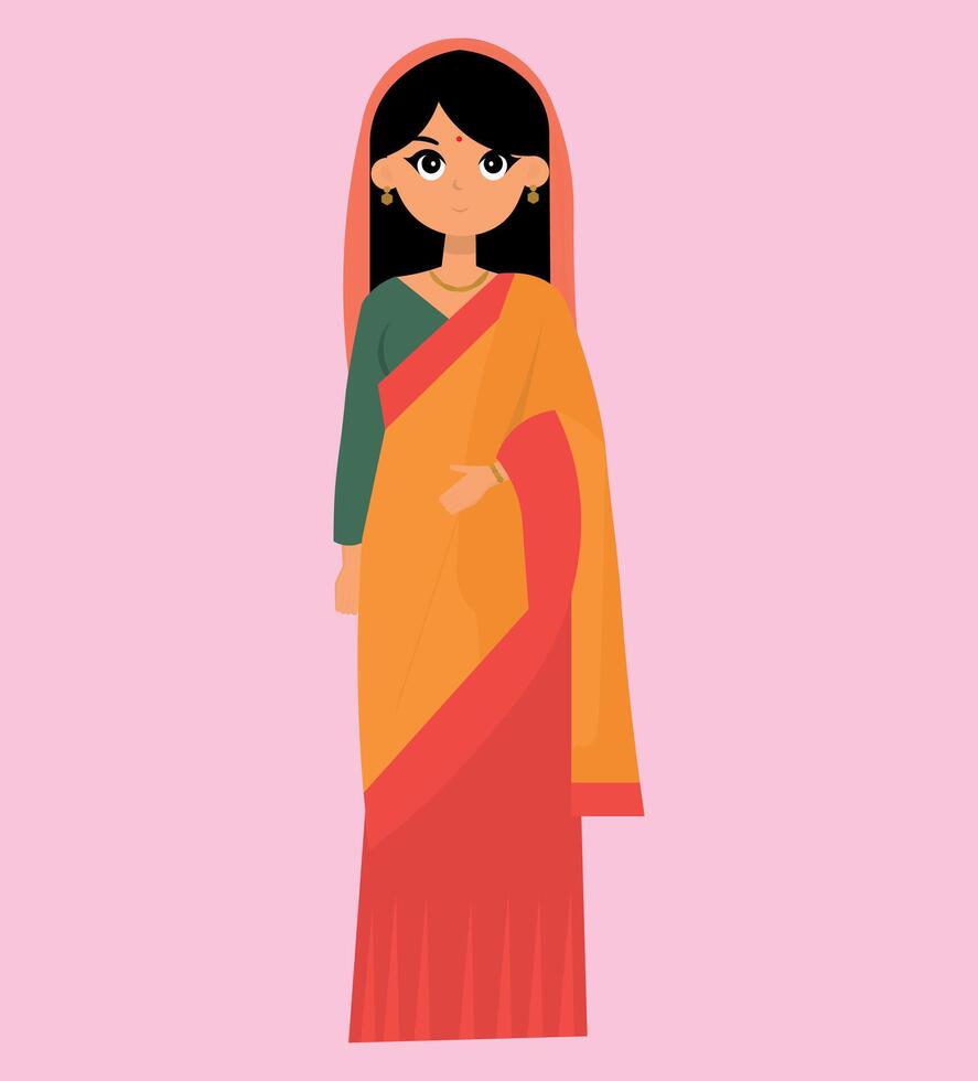 Indian woman in traditional Indian attire, with veil, and clothes in bright colors vector