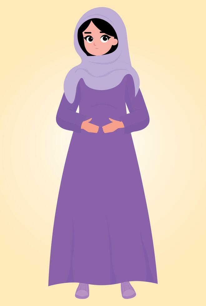Pregnant Arab woman, holding her belly, with veil on her head. vector