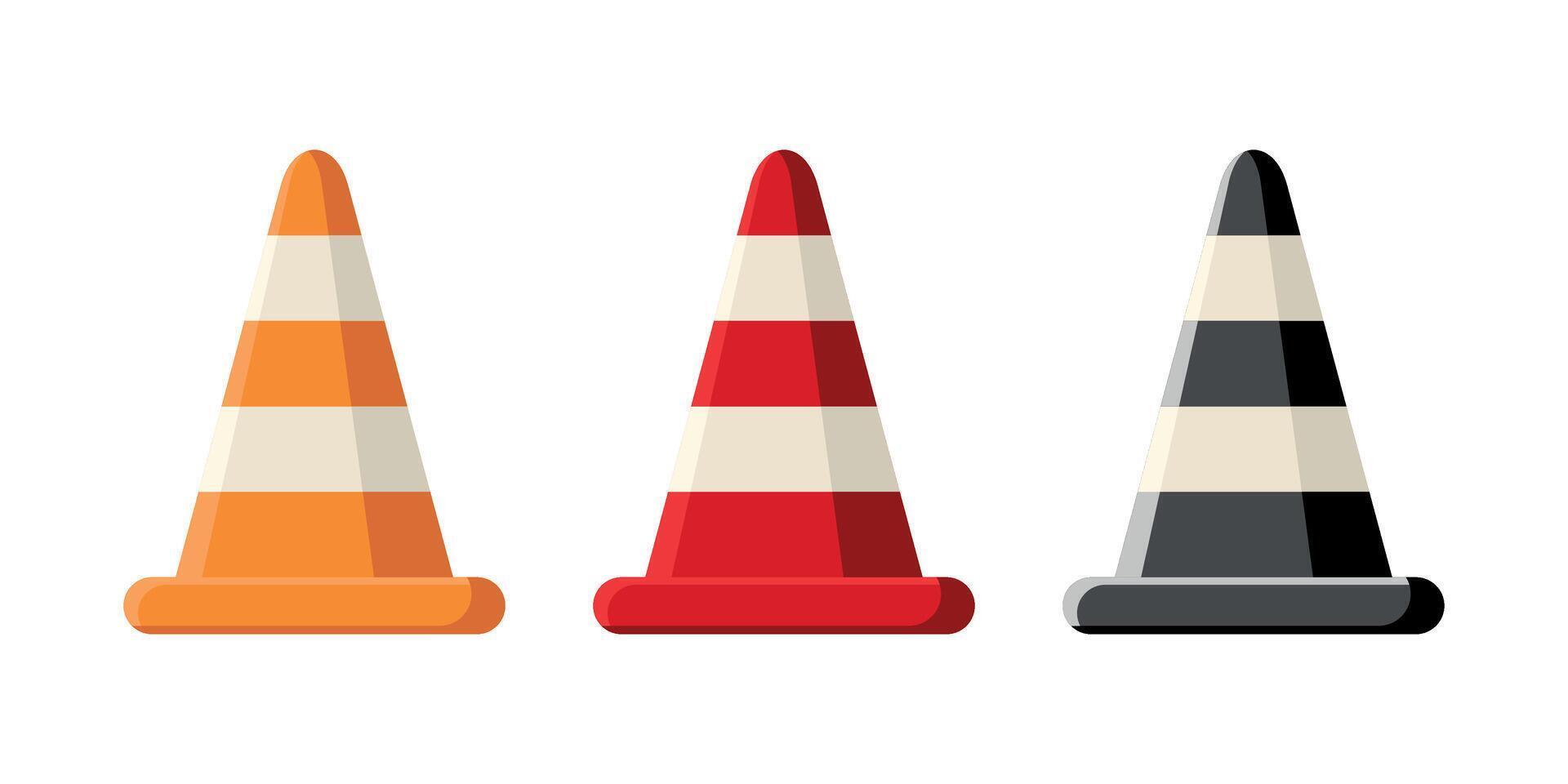 collection of traffic cones in yellow white, red white and black white colors vector