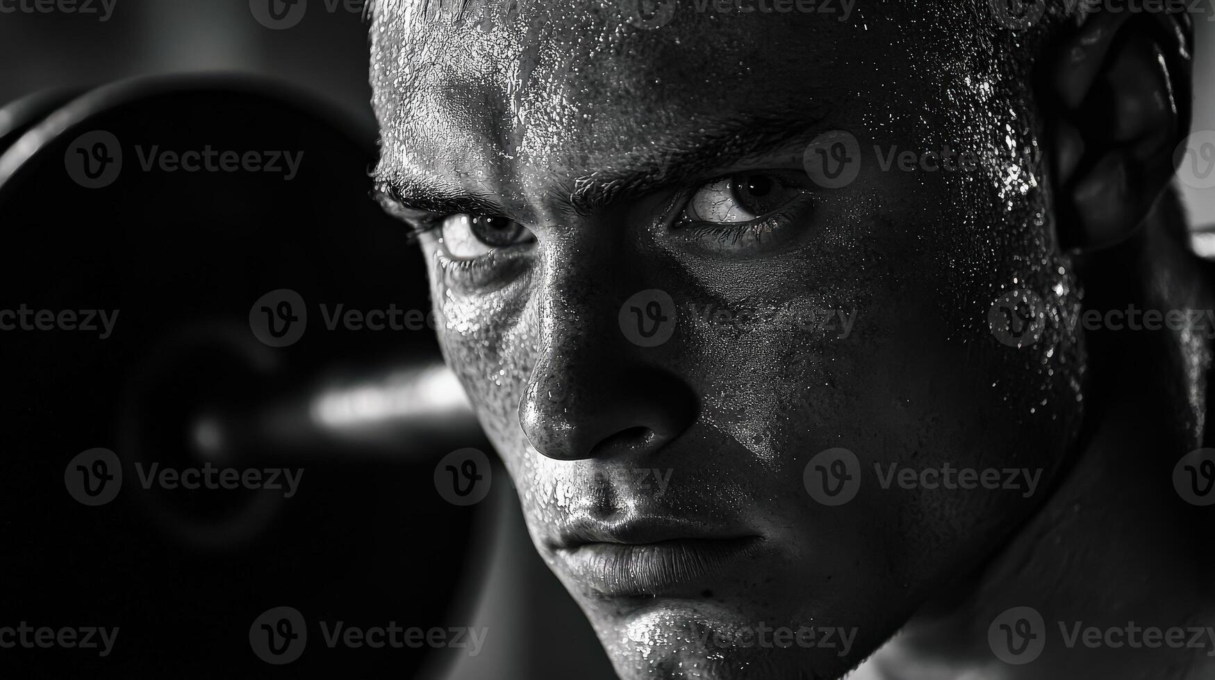 Man with sweat on his face is holding a dumbbell photo