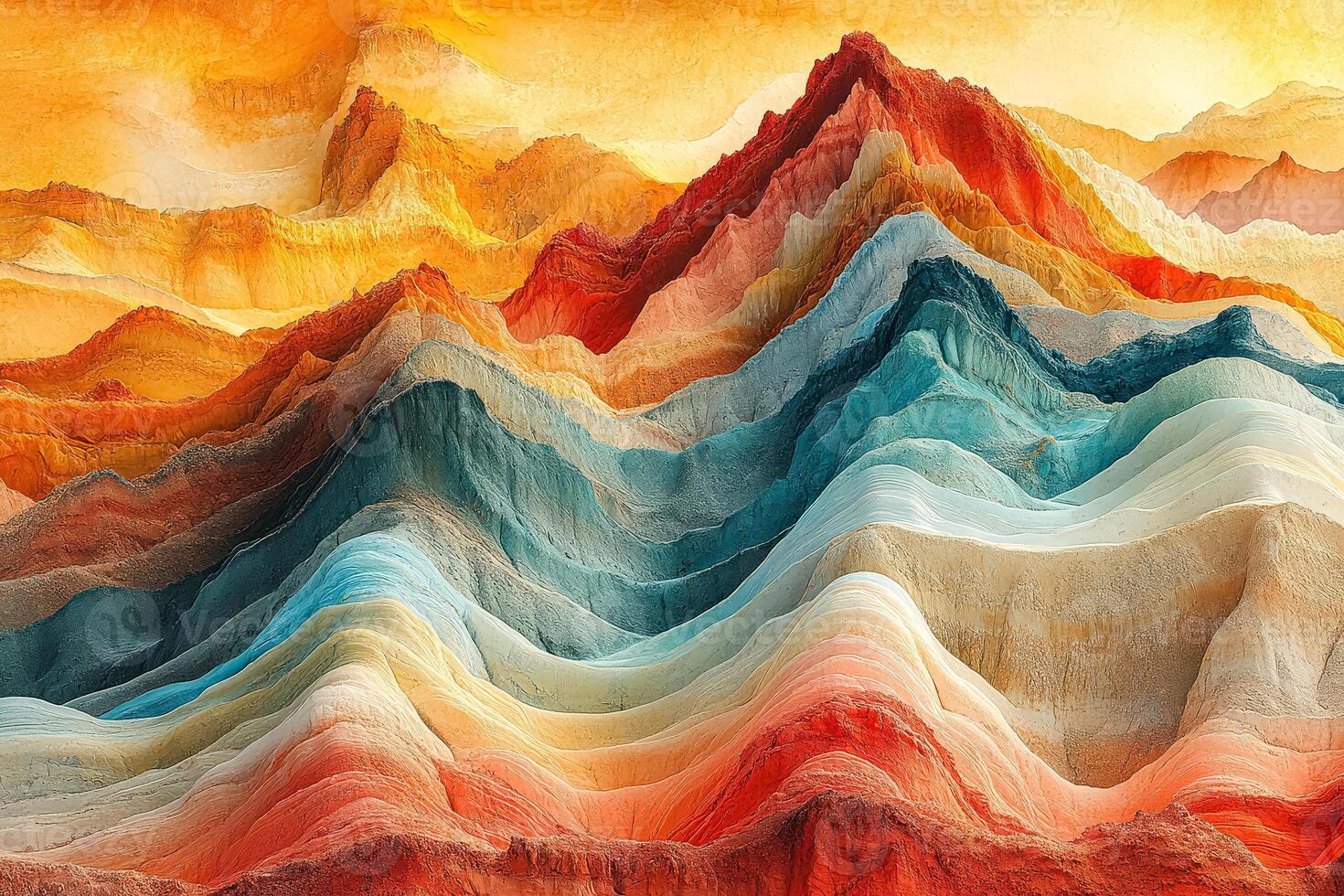 Mountain range with a variety of colors, including red, blue, and yellow photo