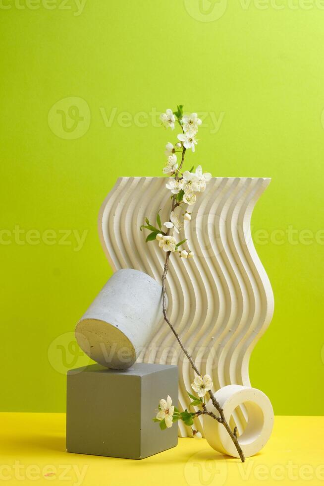 Minimalistic spring Still Life with Geometric podium Shapes and Blooming Twig on Green Background photo