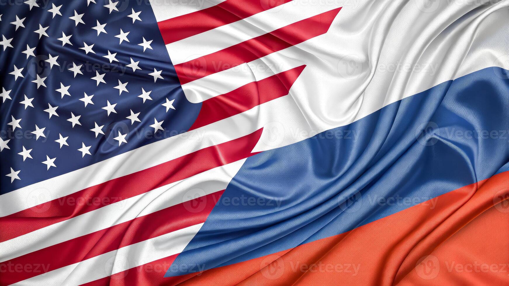 American and Russian Flags Intertwined in Symbolic Display photo