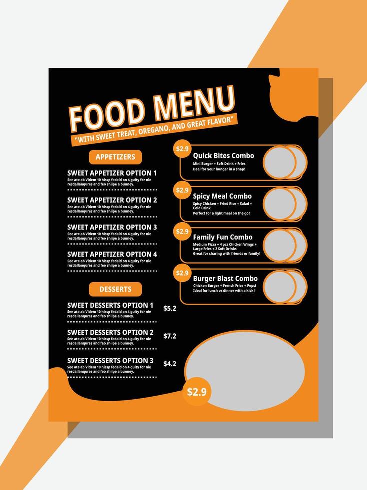 Food Menu Template with Appetizer, Dessert, and Combo Sections vector