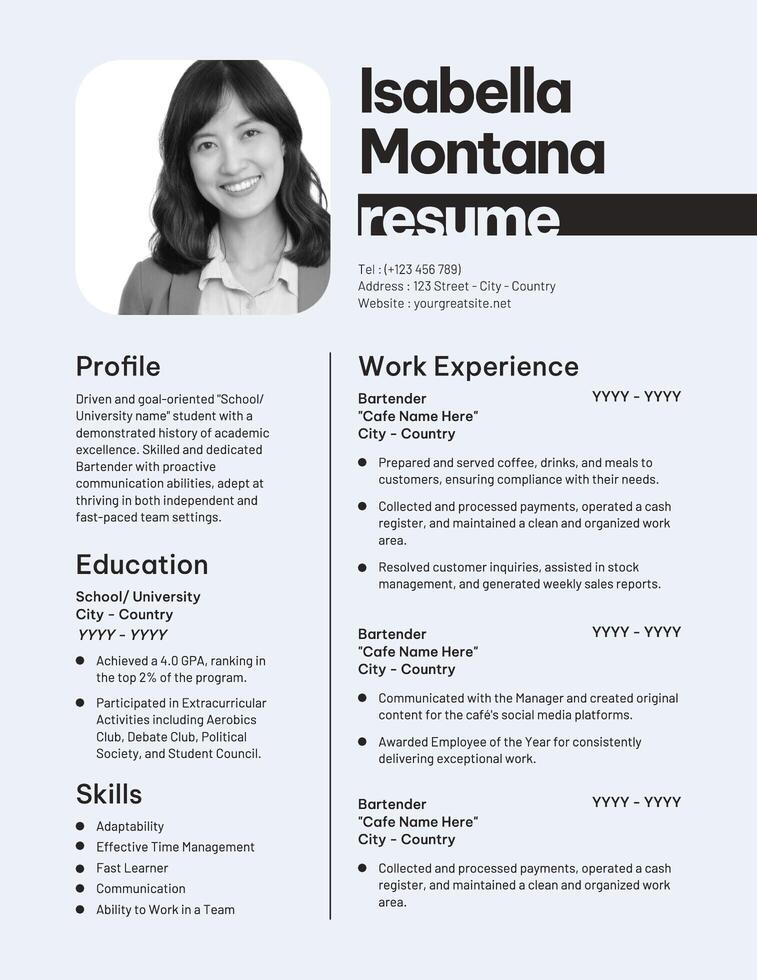 Bartender Part Timer Resume template