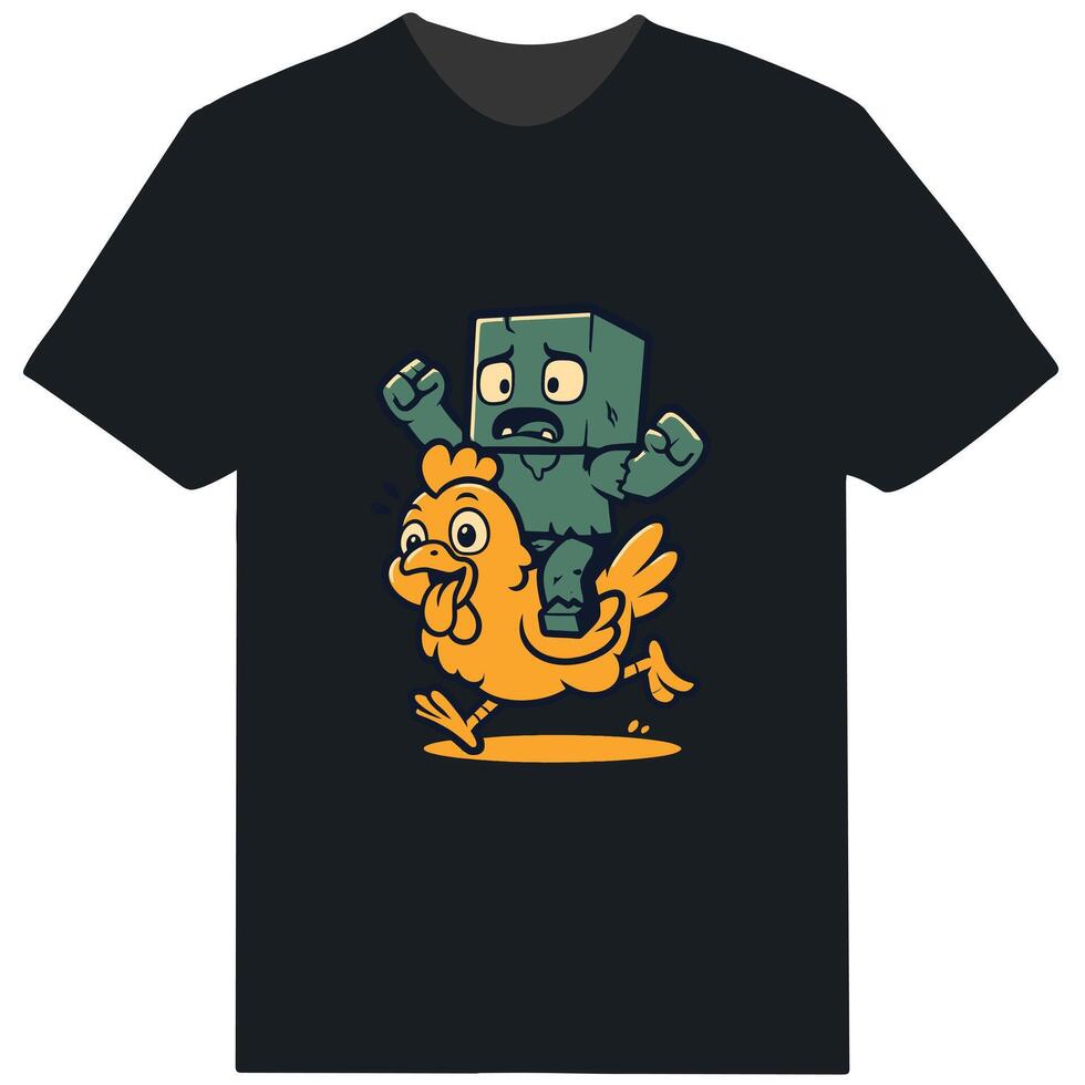 Funny Creeper Riding Chicken T Shirt Pixel Style Gamer Tee vector