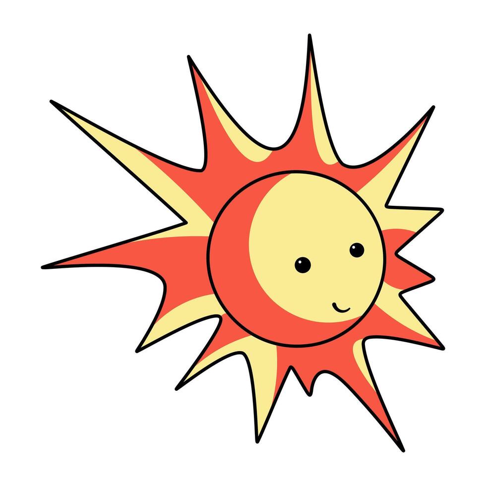 Bright sun in cartoon style. This image showcases a cheerful, stylized sun with a friendly face. vector