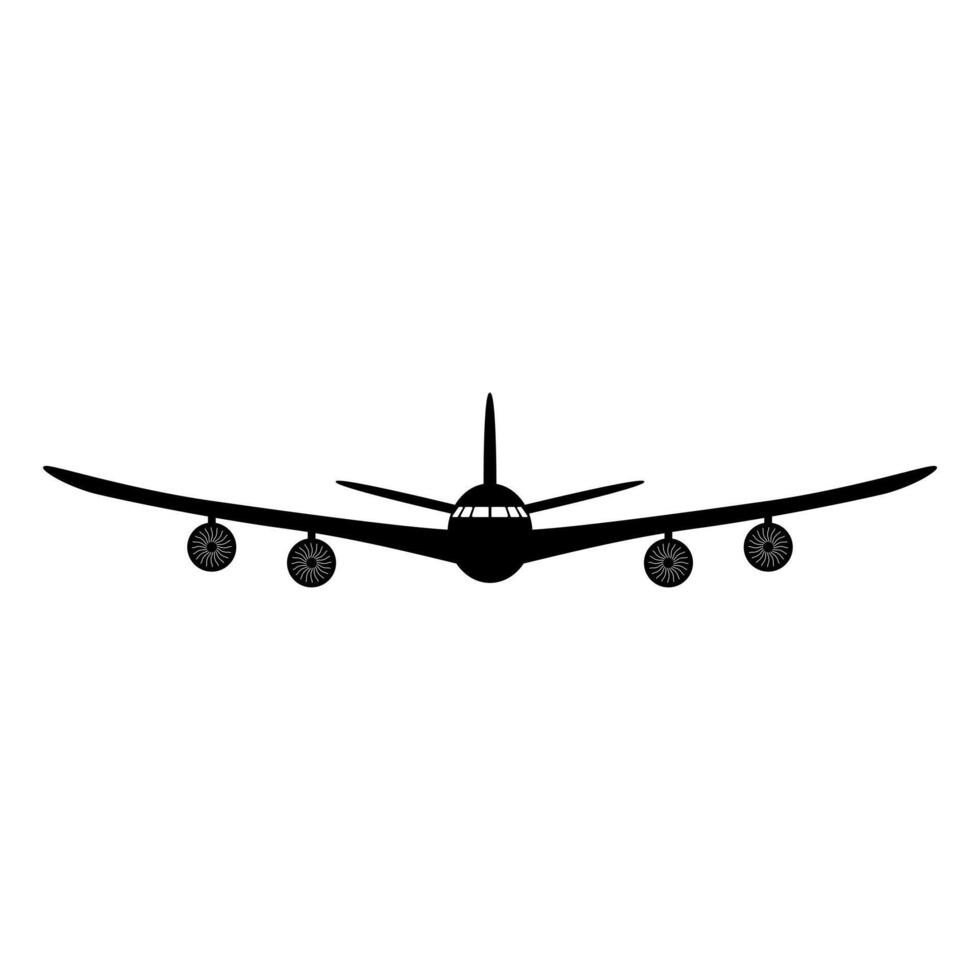 Silhouette of an Airplane in Flight. This is a black silhouette illustration of an airplane viewed from the front. The plane has four engines. vector