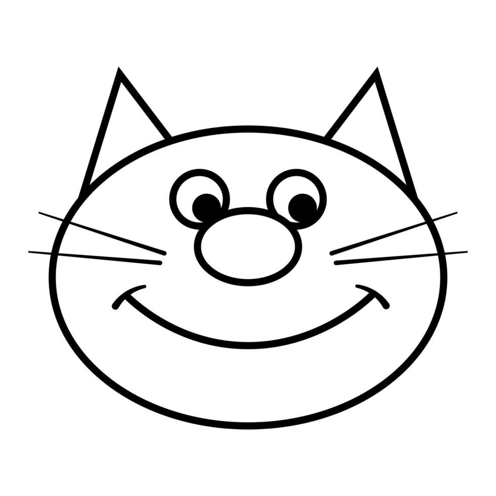 Smiling Cat Face Outline. This is a simple black and white line drawing of a cats face. The illustration features a round face with large eyes. vector