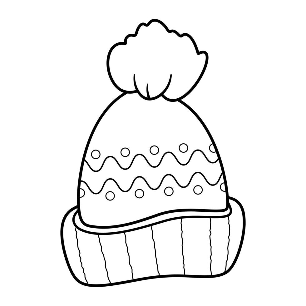 Winter Hat with Pom Pom Outline. This charming illustration features a black and white outline of a winter hat adorned with a fluffy pom pom on top. vector