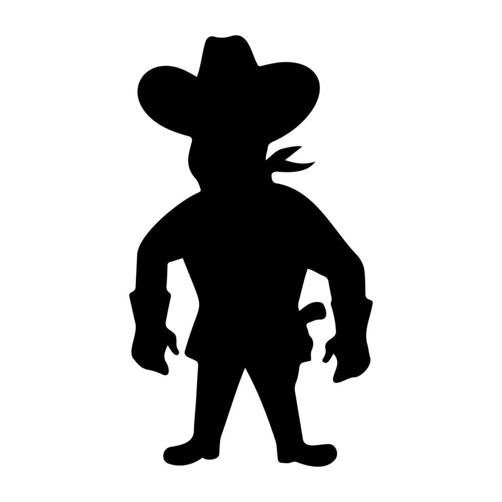 Cowboy Silhouette Illustration. This is a black silhouette illustration of a cowboy standing in a confident pose. The figure is wearing a wide brimmed cowboy hat and a bandana around the neck. vector